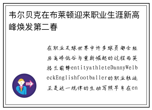 韦尔贝克在布莱顿迎来职业生涯新高峰焕发第二春