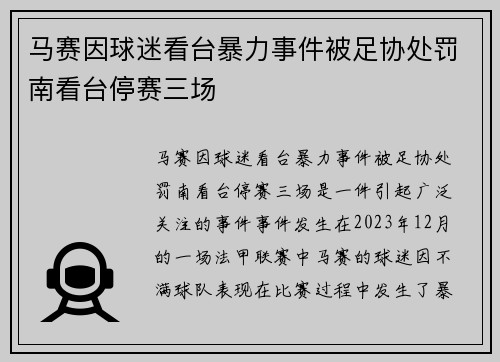 马赛因球迷看台暴力事件被足协处罚南看台停赛三场